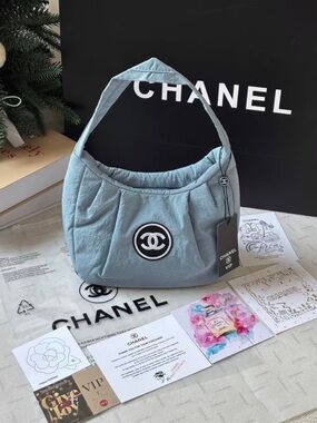GWP / VIP CHANEL Dusty Blue Quilted Shoulder Bag with CC Patch